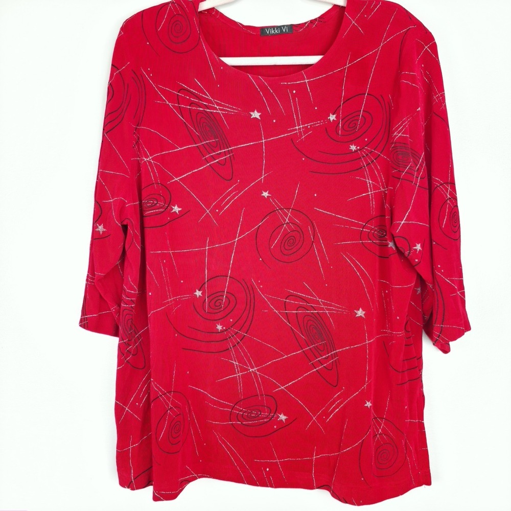 Vtg Vikki Vi Red Metallic Sparkly Slinky Top Silver Stars 1x.B11